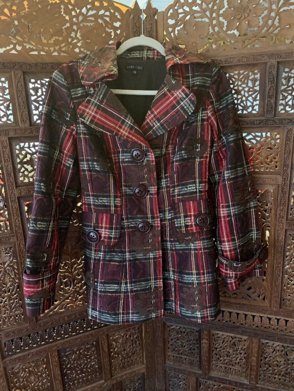Boho Chic Plaid Embroidered Jacket size 10
